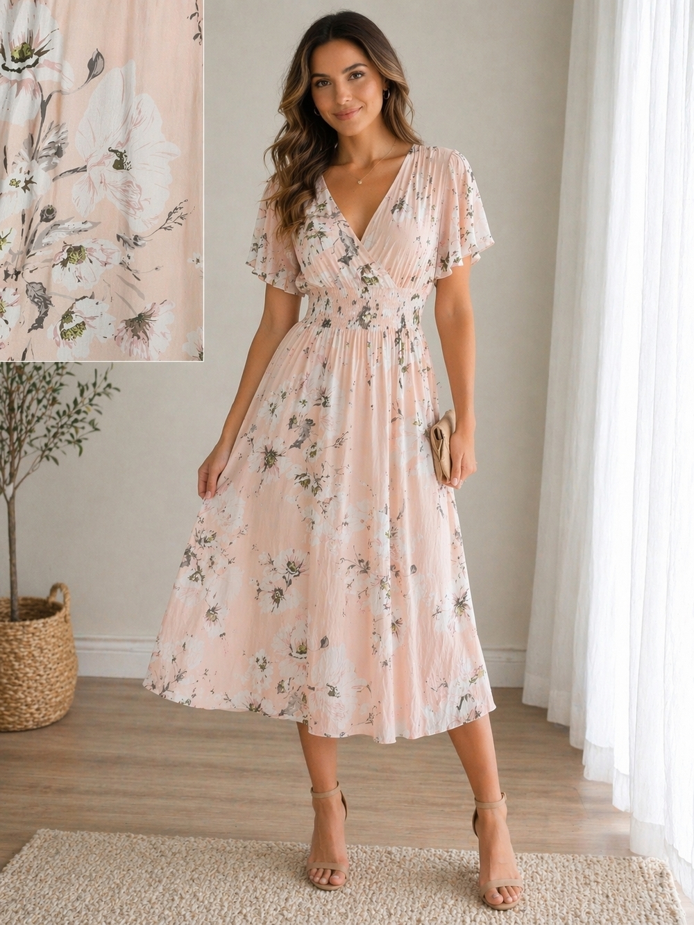 BOGO 30% OFF! Floral Wrap Midi Dress in Blush Pink